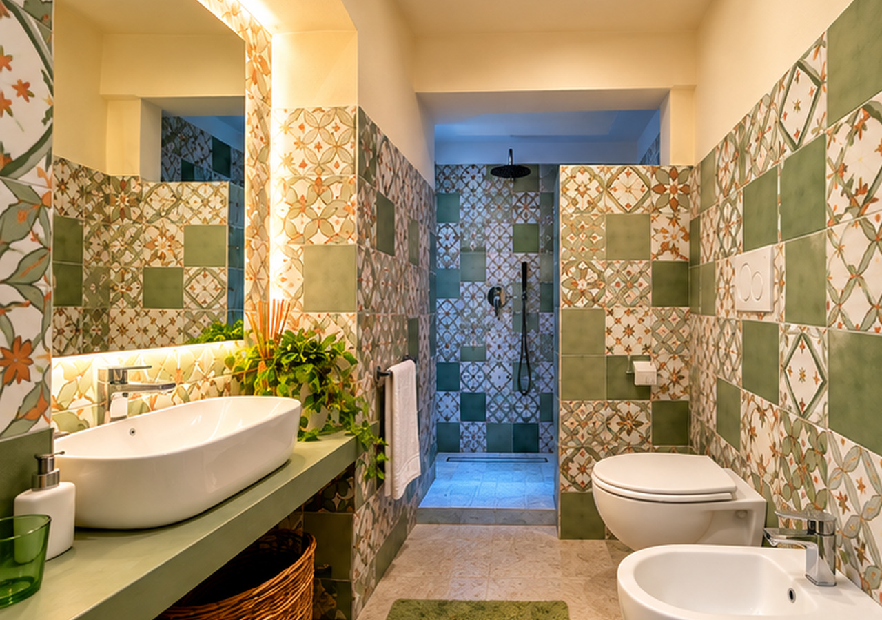 Bagno di Al Palazzotto con maioliche verdi, lavabo e doccia