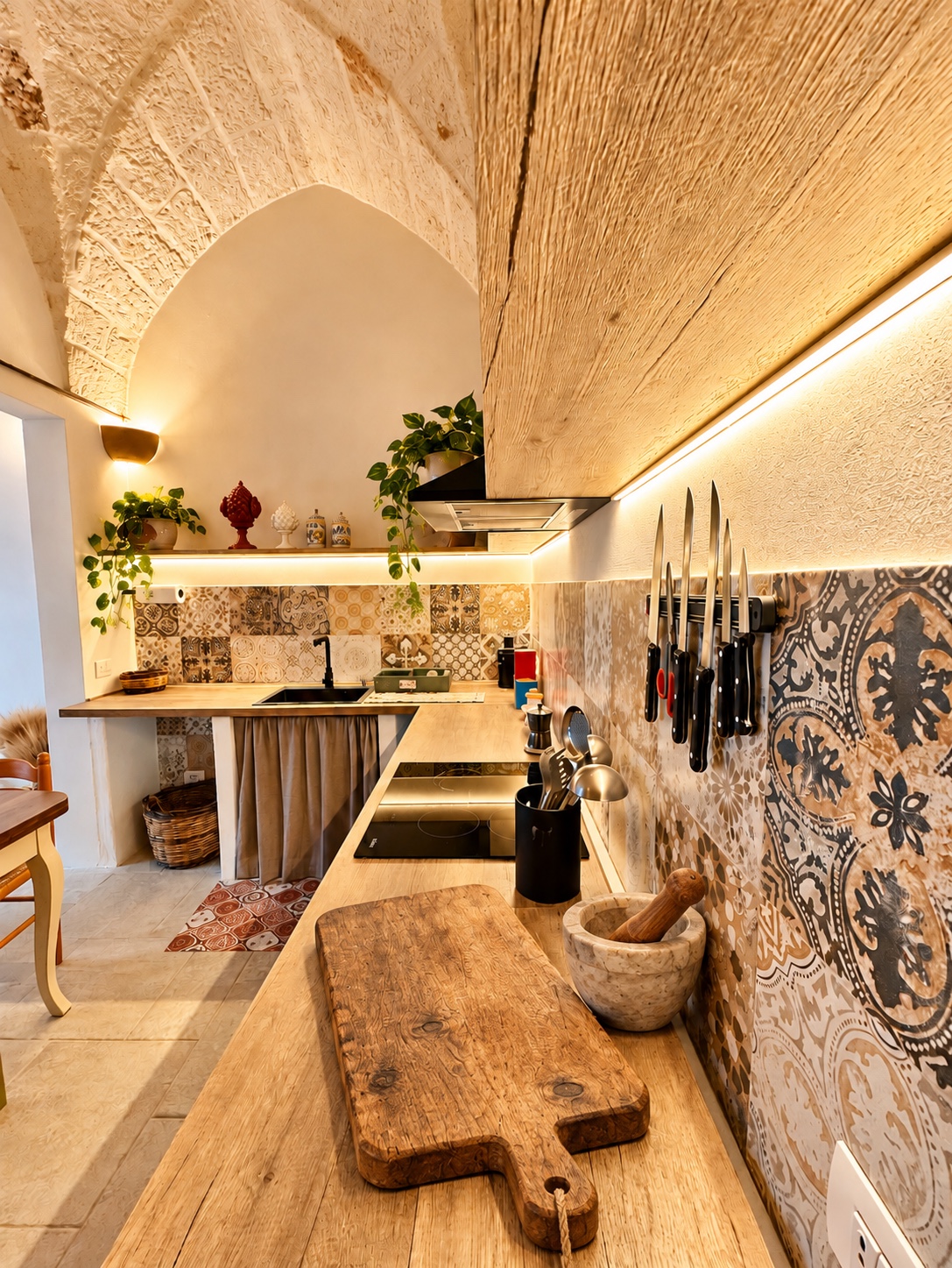 Cucina di Al Palazzotto con volta in pietra, maioliche e piano in legno